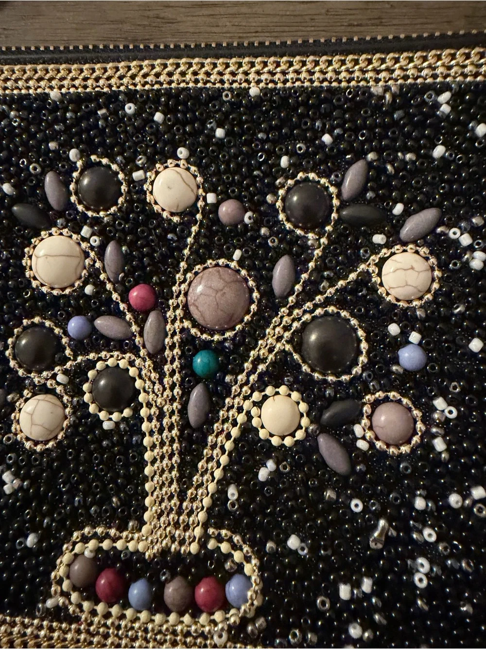 Beaded Tree of Life Crossbody Bag Black Faux Leather Wristlet Multi Color Stone